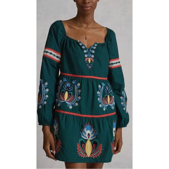 NWT Anthropologie Let Me Be Green Embroidered Mini Tunic Dress Long Sleeves - Picture 3 of 9